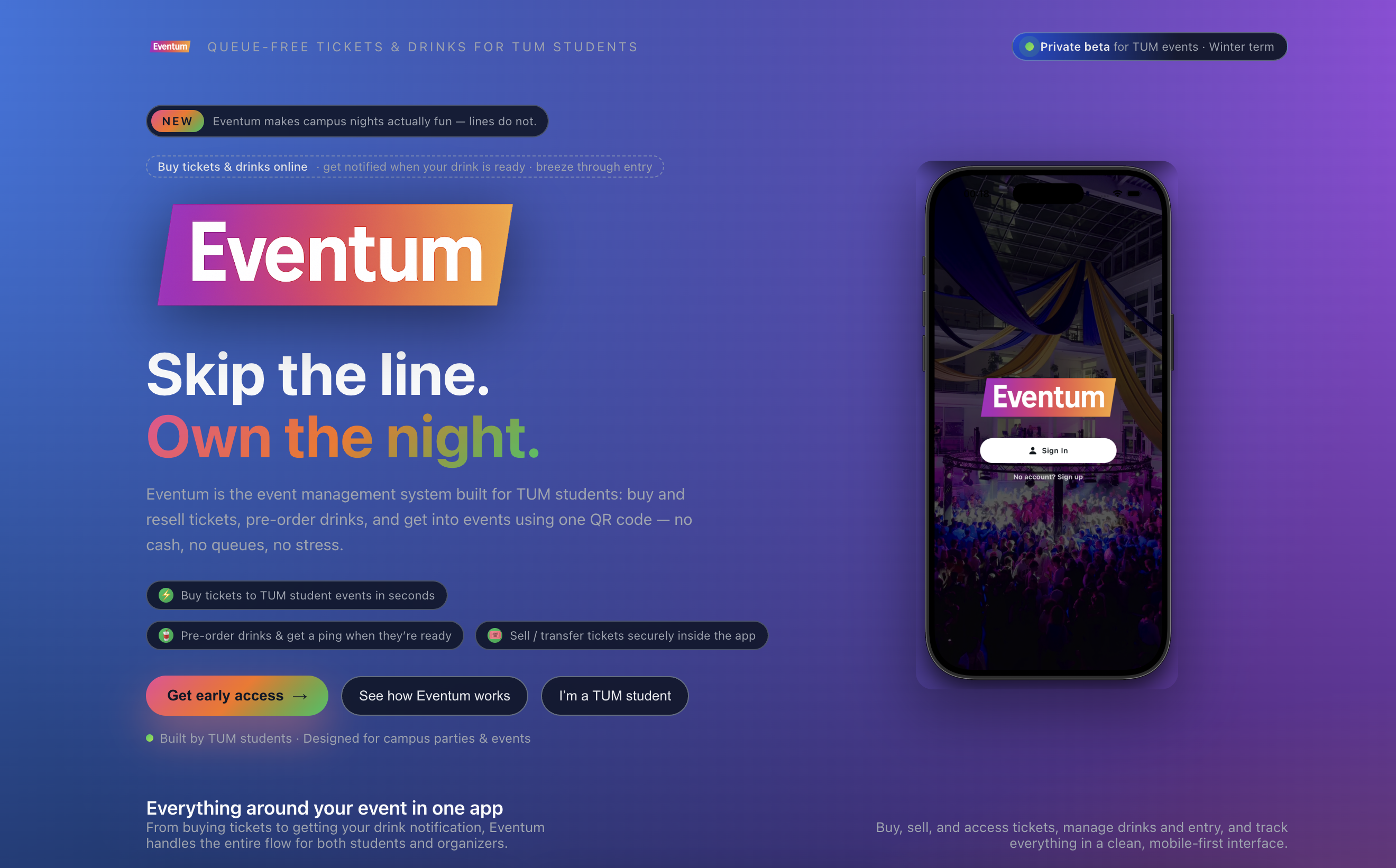 Eventum mobile ticketing interface with QR-based event entry